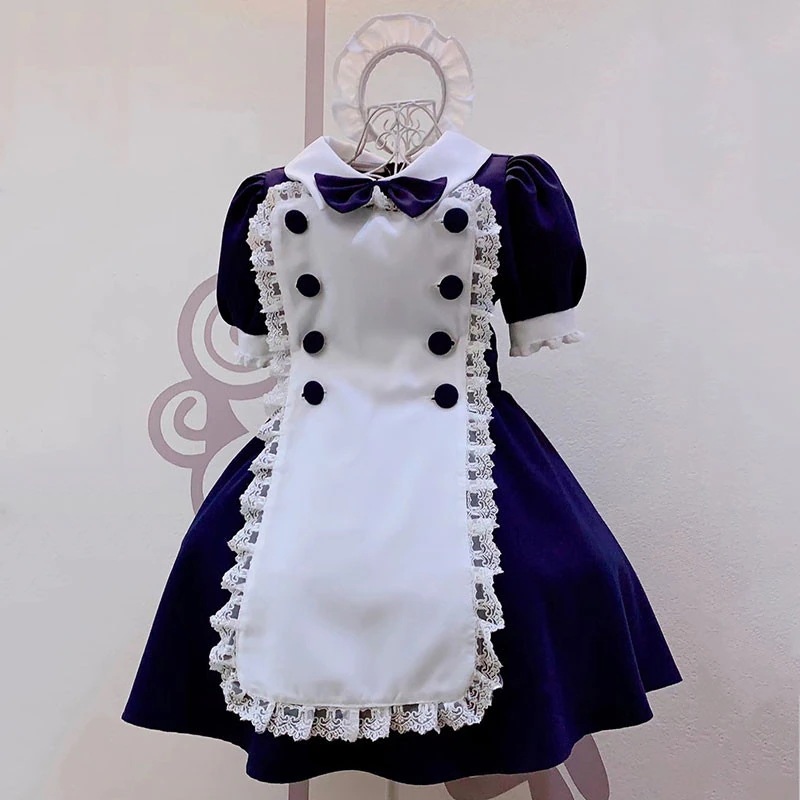 白色レースエプロンメイド服 喫茶店専用 ボタンアリ ブルー 4点セット
