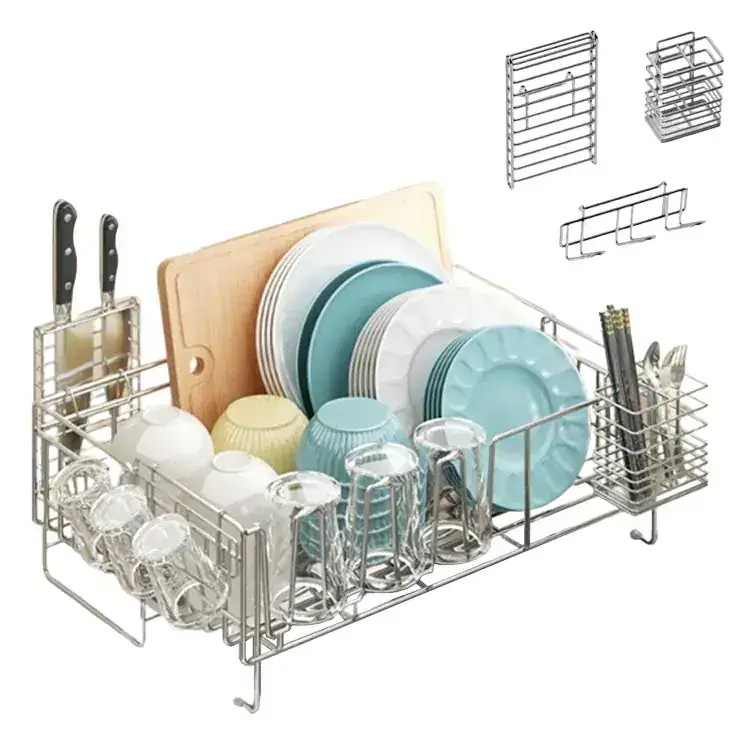 スライド式 シンクサイド 水切りかご 水切りラック ステンレス 水切りバスケット 箸置き付き 包丁立て【自社生産 】