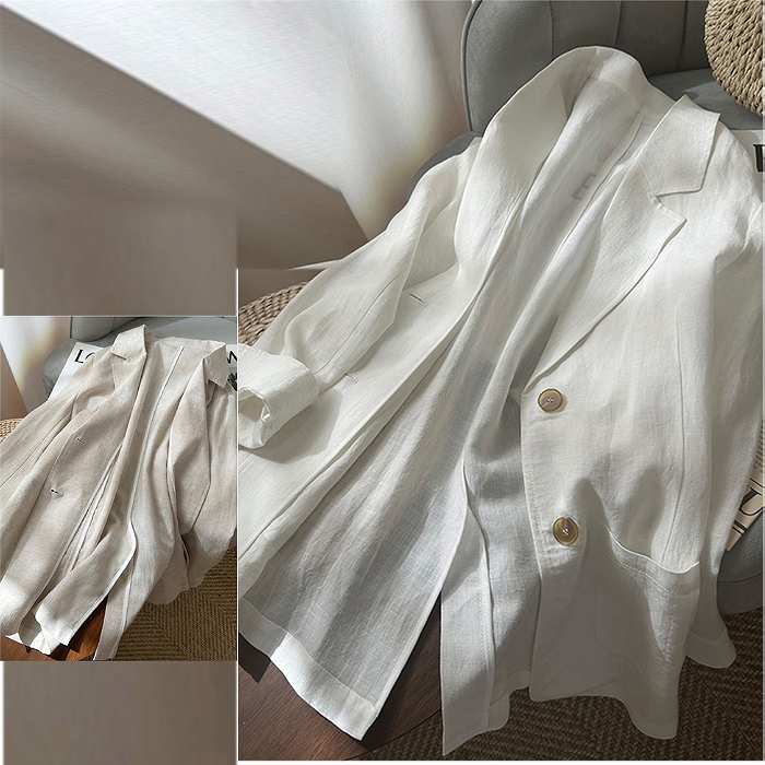 即納可能高級感　大人ナチュラルリネンダブルボタンジャケット　長袖　ホワイト　サンドベージュ　軽やか素材で大人の抜け感を演出