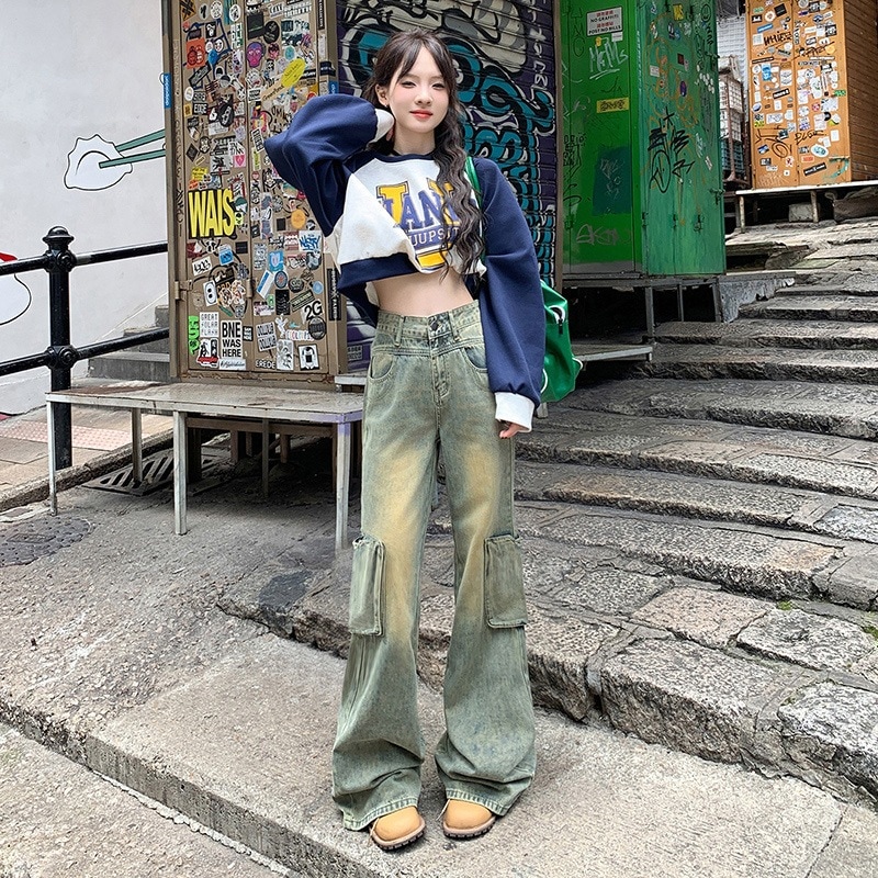2024 春秋の新作ジーンズレディースハイウエストルーズレトロ多用途スリムマイクロフレアフロアモッピングオーバーオール