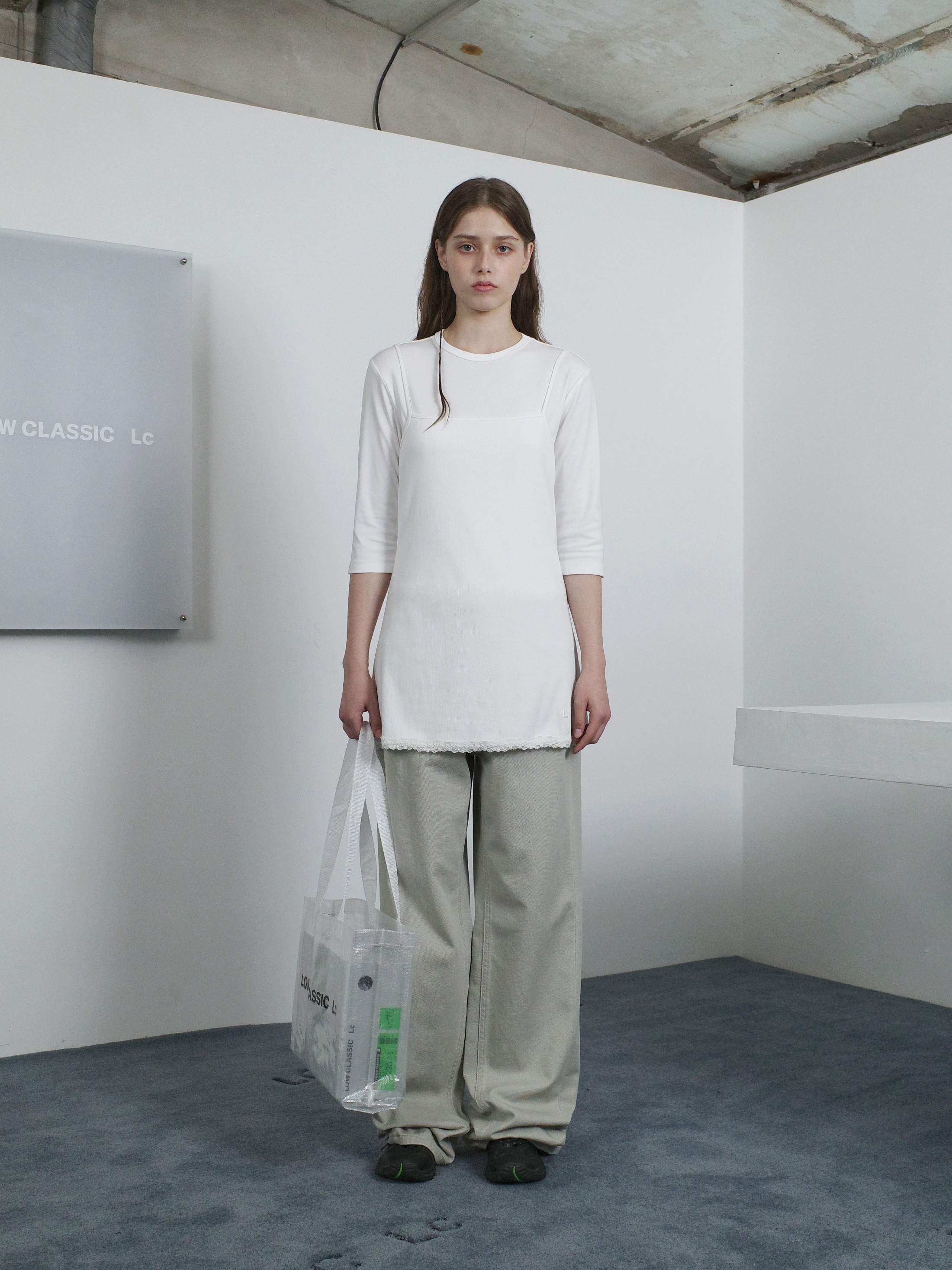 【LOW CLASSIC】 RIBBED LACE LAYERED DRESS : WHITE