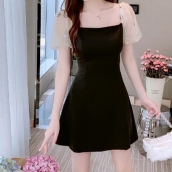 ワンピース ドレス レディース ショート 半袖 パフスリーブ シアー スクエアネック かわいい 大人可愛い きれいめ シンプル 大人 上品 おしゃれ 無地 夏 デート リゾート お出かけ ブラック