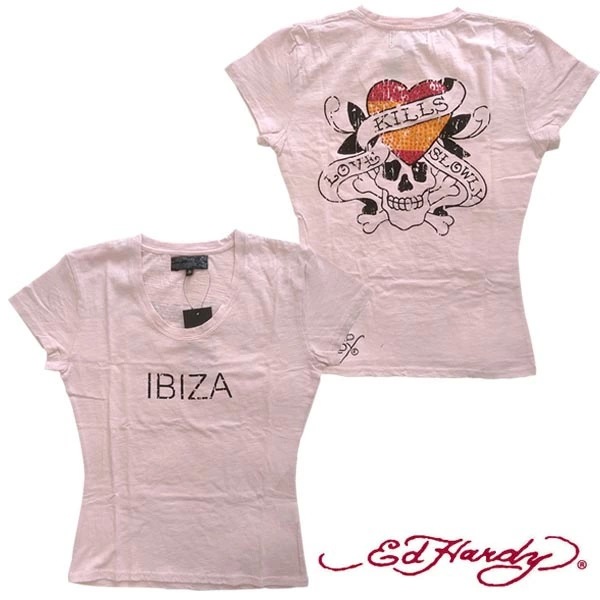セール エドハーディー レディース 半袖 Tシャツ 200種類の品揃え Ed Hardy IBIZA LOVE KILLS SLOWRY ラブキル　ライト ピンク ストーン エドハーディー
