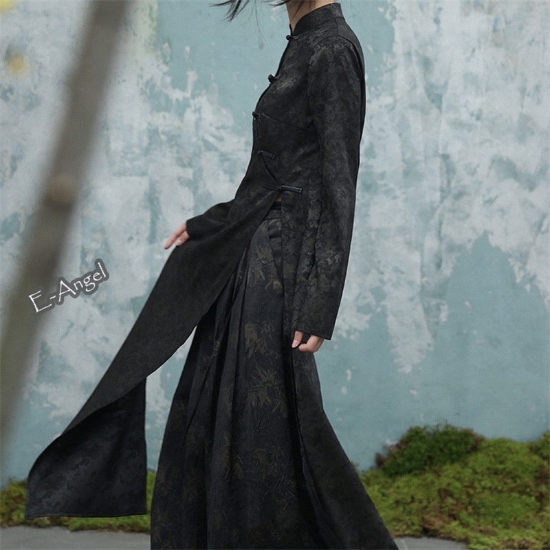 チャイナ風ワンピース ロング 黒 スリットワンピース 改良チャイナドレス 長袖 中華服 ロング上着 シャツ 暗紋 ジャガード 個性的