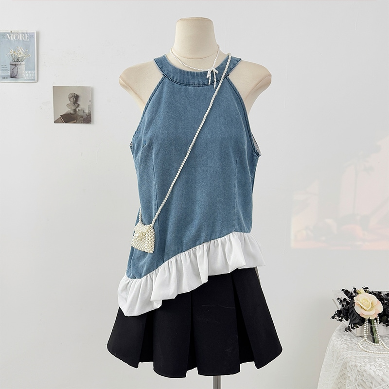【1点ご購入 で10点プレゼントいたします】イレギュラーフリルのパッチワークデコルテ付きデニムタンクトップ女夏2025洋風ファッション減齢ゆったりトップス 100,355円