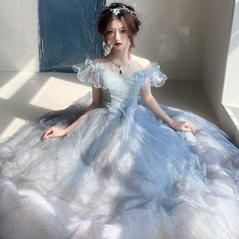 ブルーイブニングドレス女性2024年成人式ハイエンドロングドレス