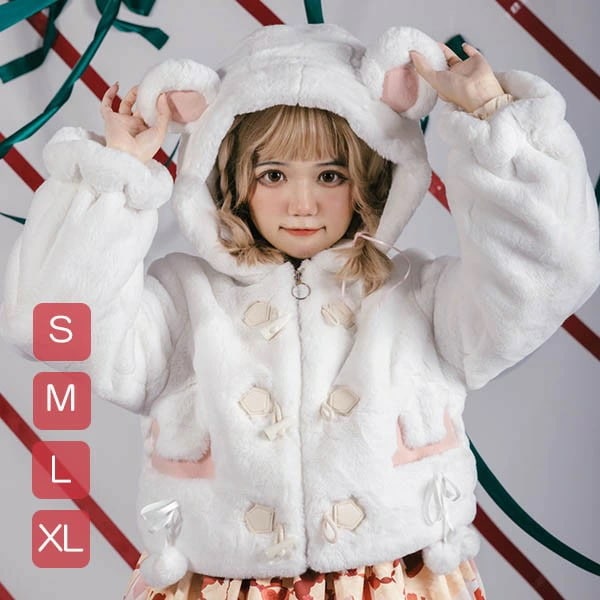 もこもこアウター ショートコート 可愛い クマ耳 熊 ジャケット 女の子 レディース 厚手 ボレロ ロリータ lolita 秋冬 ホワイト 白 小柄 学生 通学 通勤 防寒 寒さ対策 柔らかい 軽い着