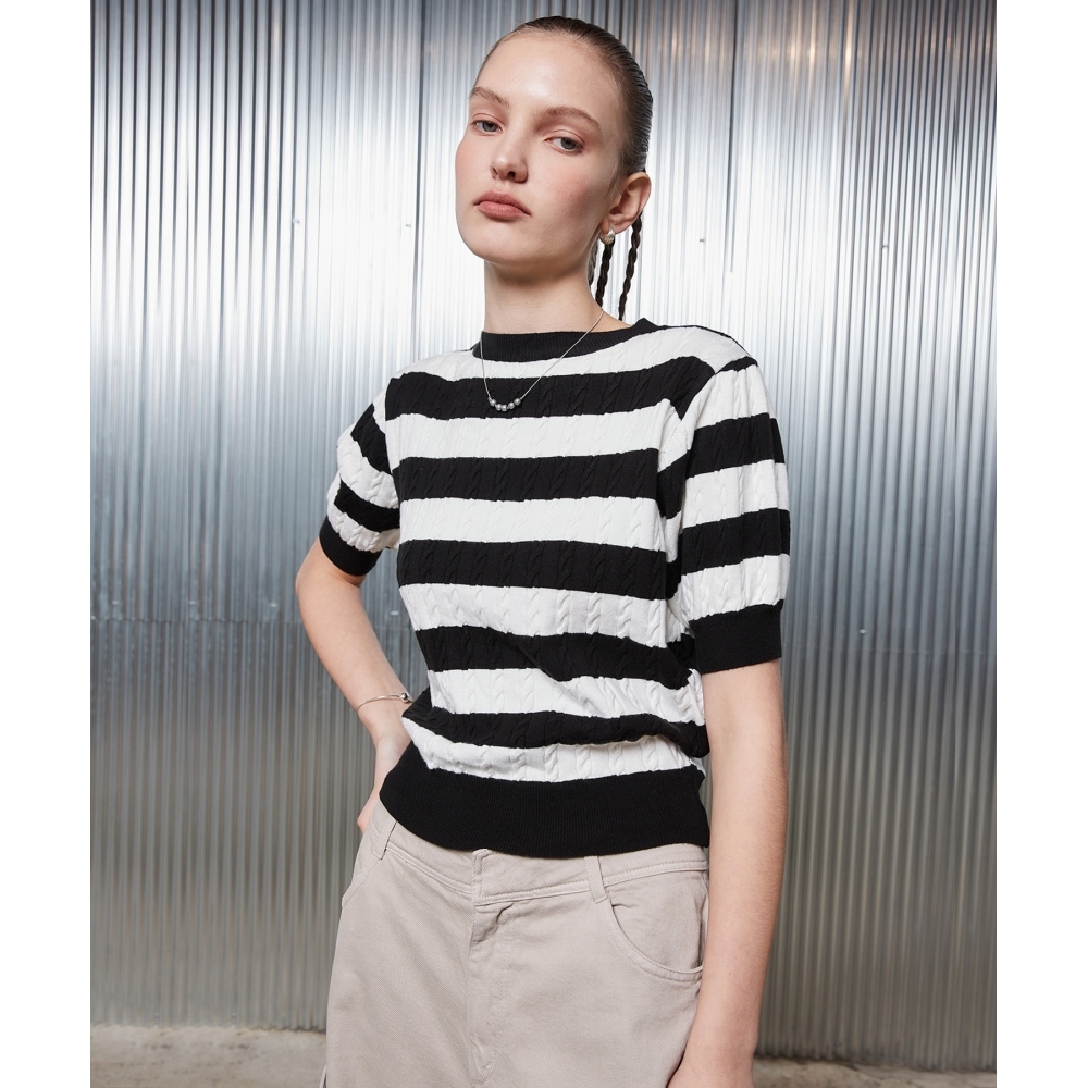 LARTIGENT L2ストライプ半袖ニット(ブラック)