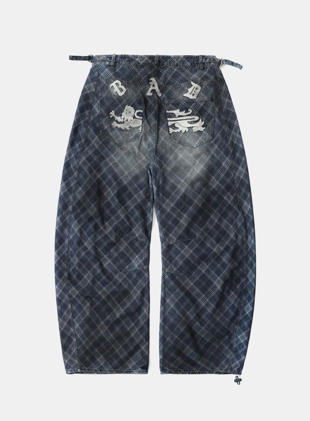 【BADBLOOD】 LION PATCH WASH BARREL PANTS : BLUE DENIM CHECK