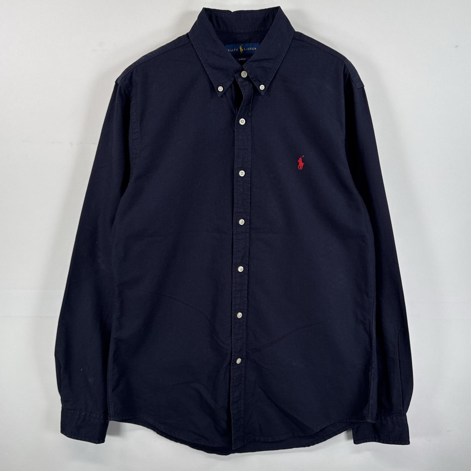 古着 長袖シャツ ボタンダウンシャツ ワンポイント 刺繍 L ネイビー 無地 メンズ