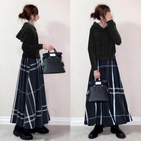 【再入荷予定】おしゃれ度アップ 切り替え チェック柄 混色 ロング 2点セット レディース 秋冬