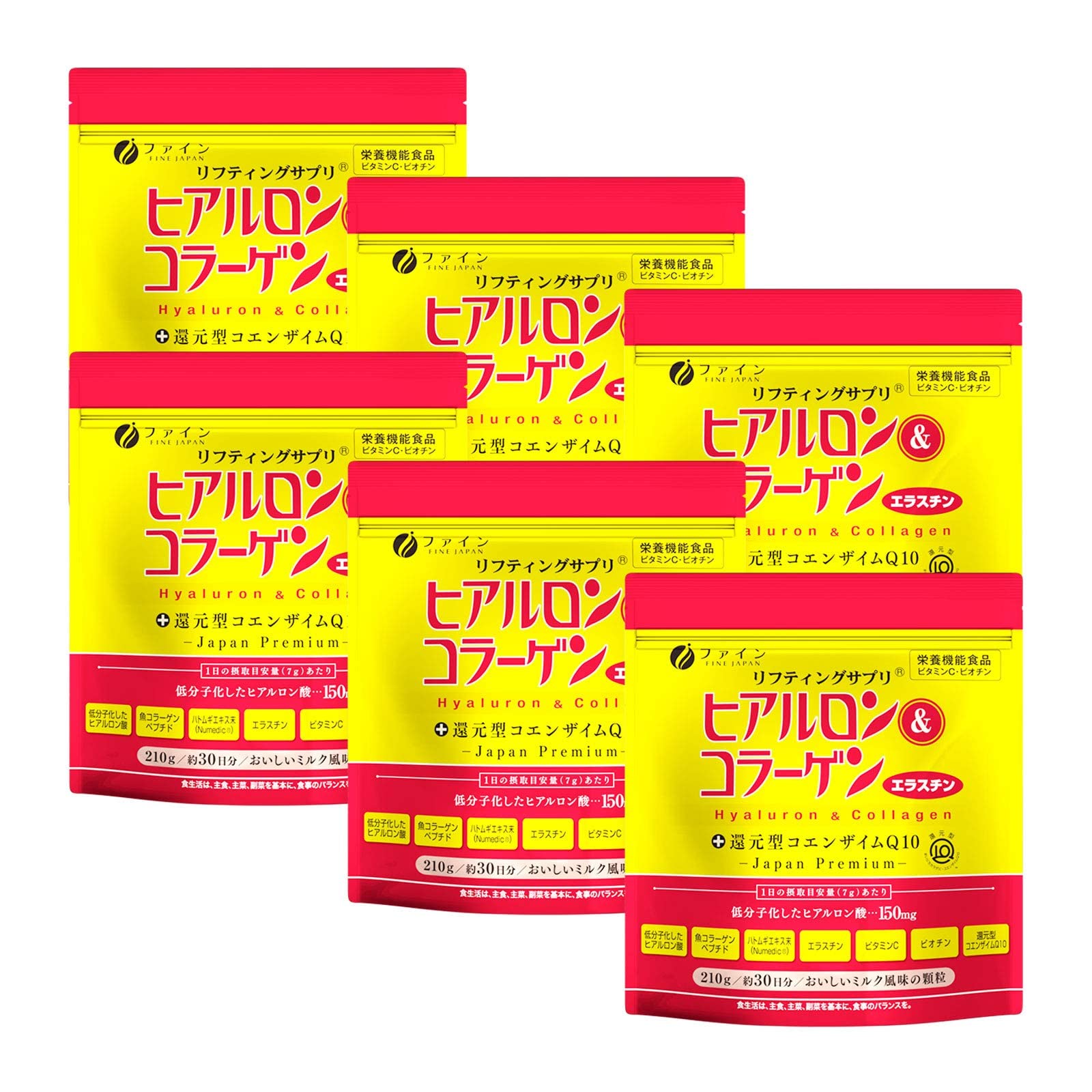 ファイン ヒアルロン＆コラーゲン＋還元型コエンザイムQ10 袋タイプ ヒアルロン酸 150mg コラーゲン 5,250mg エラスチン 15mg 30日分 国内生産 (1日7g/210g入)×6個セッ