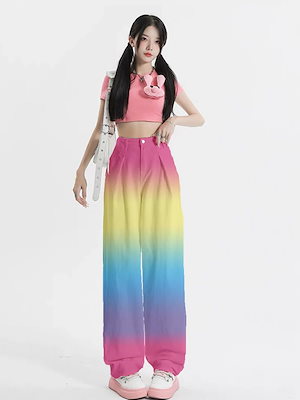 夏の女性用オリジナル絞り染めレインボードーパミンジーンズハイウエストストレートワイドレッグダンスホットガールパンツ
