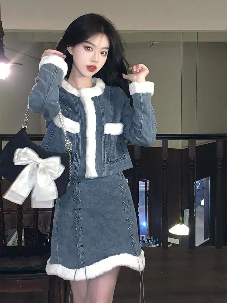 感 ファッション 秋冬 きれいめ セットアップ レディース デザイン ショート丈コート+デニムミニスカート 暖かい