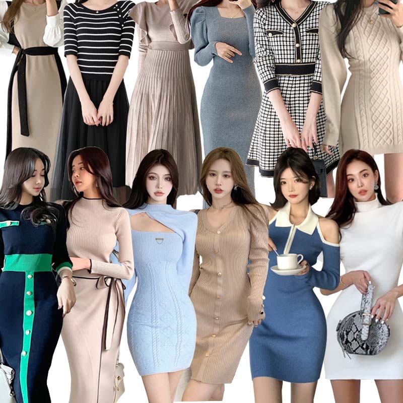 限定特偭発売ニットワンピース 韓国ファッションガーリー 女服ドレス結婚式 女性大人気 Vネック 丸襟