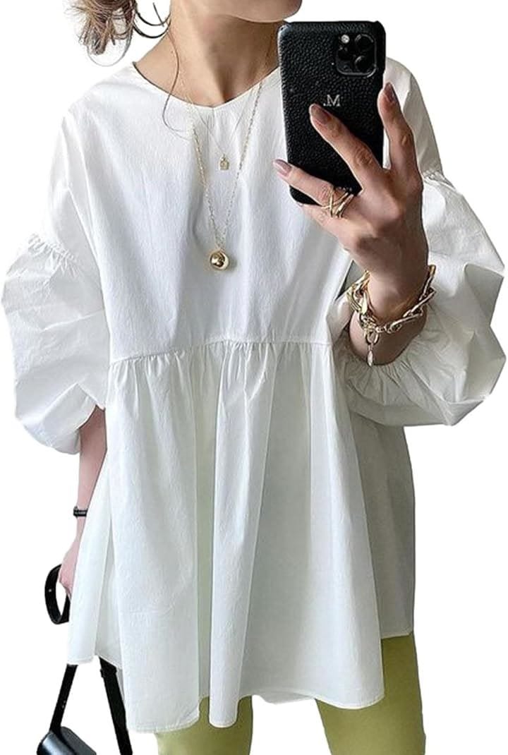 ジェイスコット ブラウス レディース チュニック ボリューム袖 パフスリーブ ペプラム 前後2way 長袖 JS134(ホワイト, L)