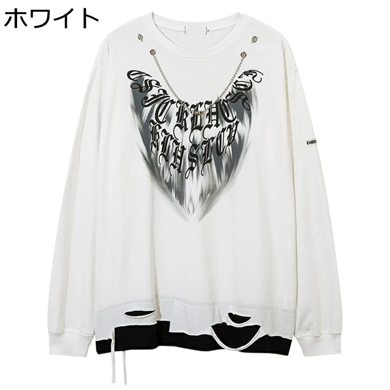 トレーナー メンズ 落書き 小さめ チェーン クルーネック 長袖 パーカー レイヤード Tシャツ 破れ クルーネック ボア付き フルオーバー 秋服 冬服 暖かい 個性的 ストリート系 原宿風 青年 若