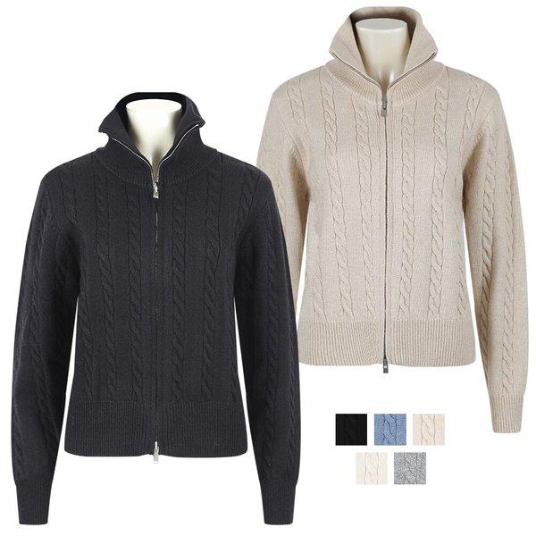 女性 ケーブル編み ハーフネック ジップアップ モダール ニット SGW-KN-Q054-オートミール