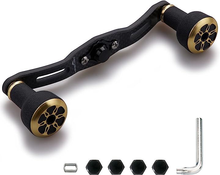 リール ハンドル 厚さ4mm 1.5K炭布 カーボン 24mm TPE製 ノブ搭載 シマノ SHIMANO ダイワ DAIWA アブ Abu 通用( ブラック＆ゴールド, 110mm)