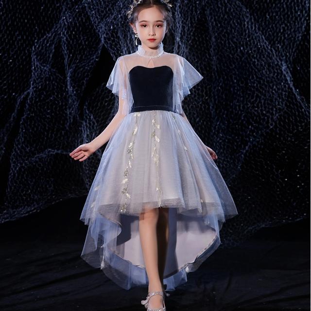 子供 ドレス ロング バイカラー 大人っぽい フィッシュテール おしゃれ 高級感 キッズドレス ピアノ 発表会 女の子 ドレス 結婚式 誕生日 フォーマル 可愛い レース 半袖 刺繍 五分袖 フリル