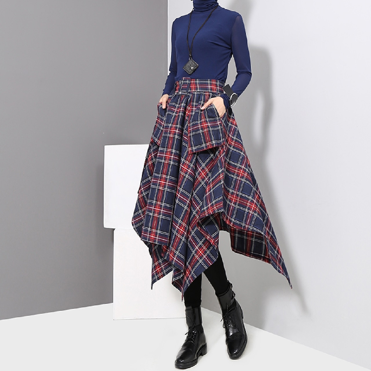 レディースボトムス アシンメトリー チェック柄 ハイウエストスカート 秋 香港スタイル サマ見え