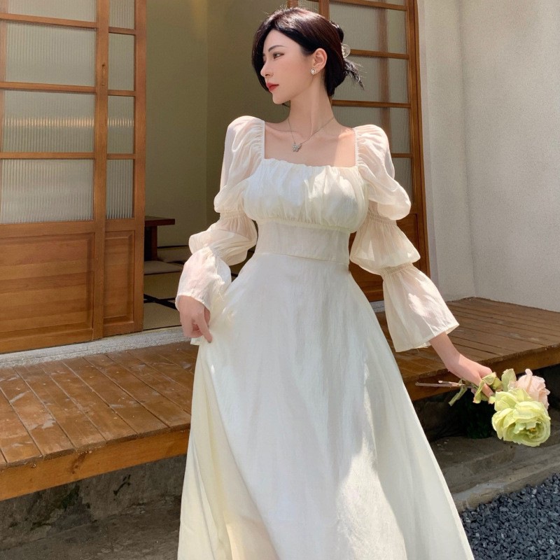 フレンチヘボン風ホワイトウエストドレス妖精春長袖初恋チュチュスカートミモレ丈スカート