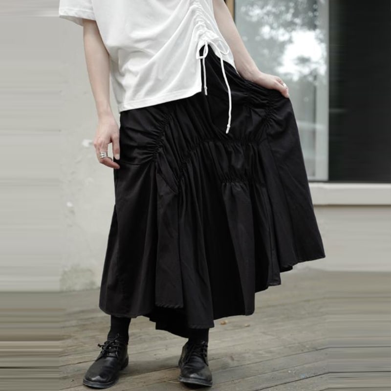 レディーススカートブラックカジュアルサマーニューラージサイズワイドレディースイレギュラープリーツデザインミドル丈スカートパーソナリティファッションレディースラージサイズ快適レディーススカート