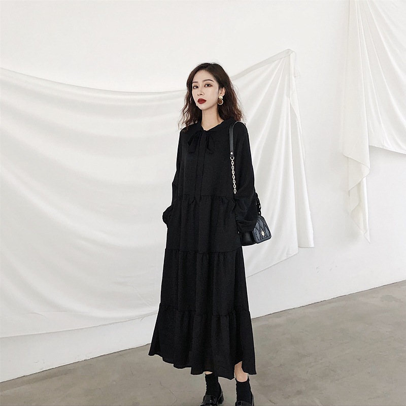 ワンピース ティアードワンピース ワンピドレス ロング丈 マキシ丈 長袖 ボリューム袖 Aライン ハイウエスト ポリエステル 大人可愛い きれいめ シンプル カジュアル 大人 上品 おしゃれ