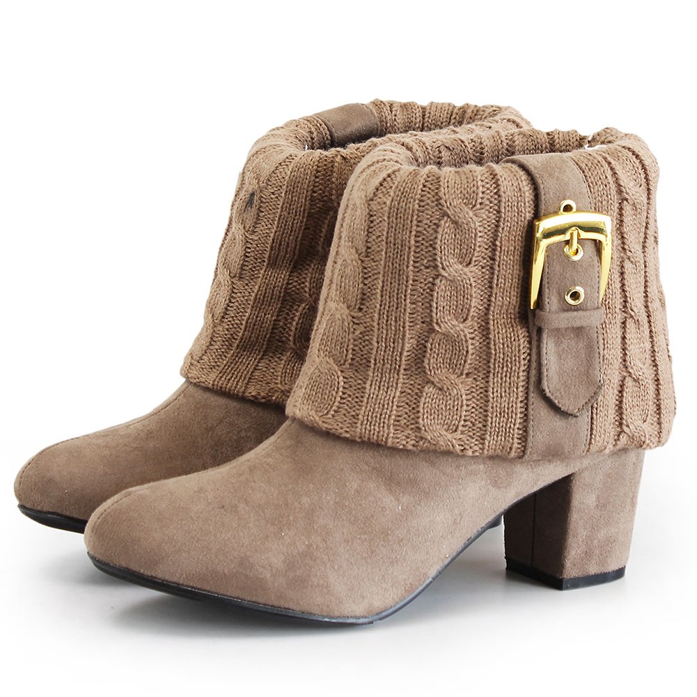 [ルームナイン] 太ヒール ニットデザイン スエード ショートブーツ ブーティー kk-1221