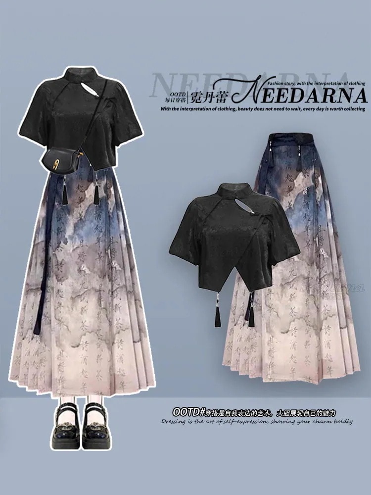 【送料無料】黒の新中国風の女性の国民様式の馬の顔のスカートスーツスカート夏の女性の小さなエレガントなドレス 母の日のプレゼント