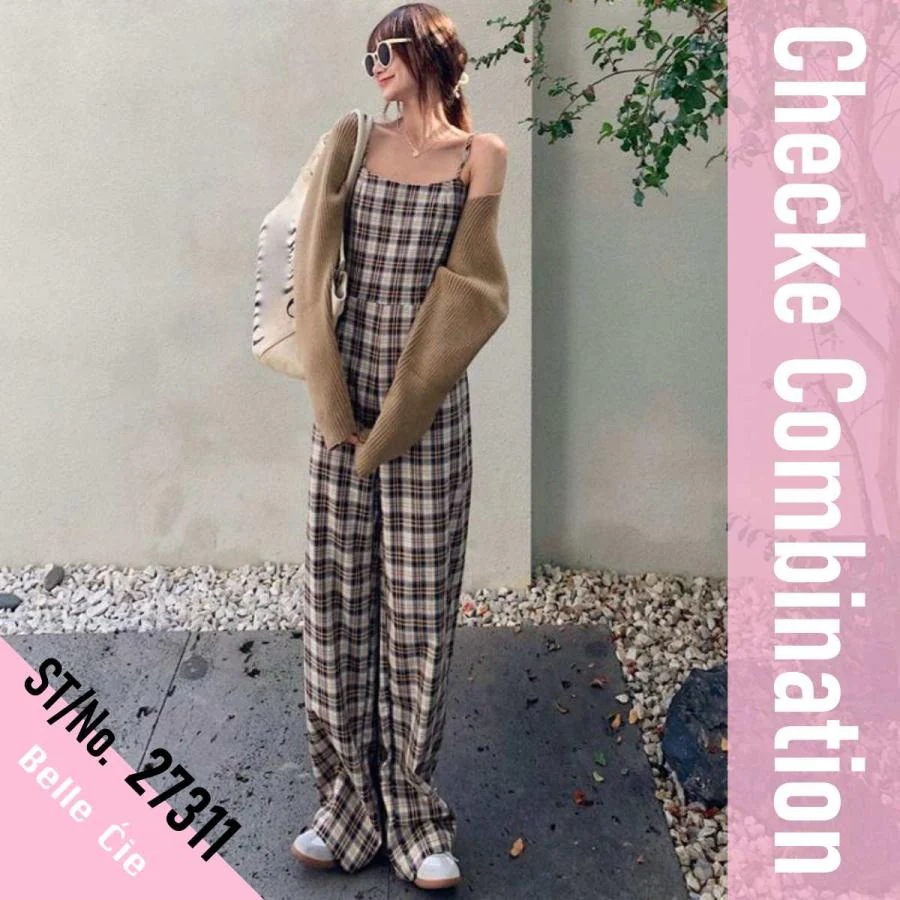 チェック オールインワン サロペット レディース 韓国ファッション コンビネゾン つなぎ ロングパンツ チェック柄 ベルシー
