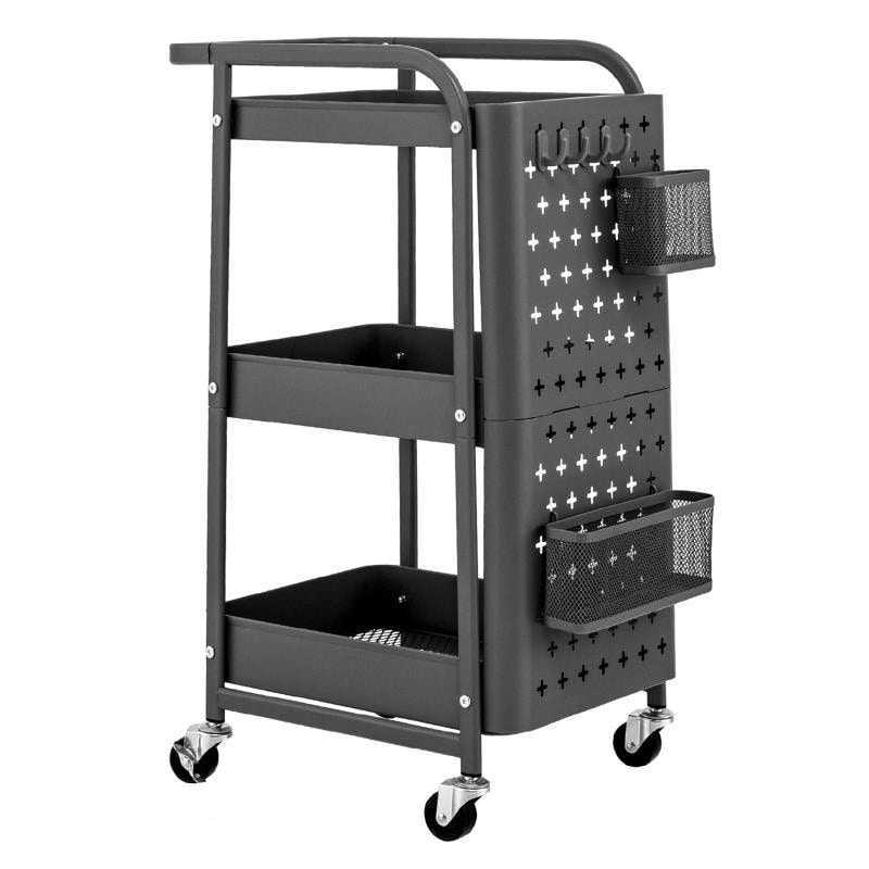 Goplus キッチンワゴン 3段 収納カート キャスター付き 取っ手付き 便利に運ぶ ペグボード付き フック付き 収納バスケット付き 収納力 耐荷重20kg/段 キッチンカート 収納ラック 収納ワゴ