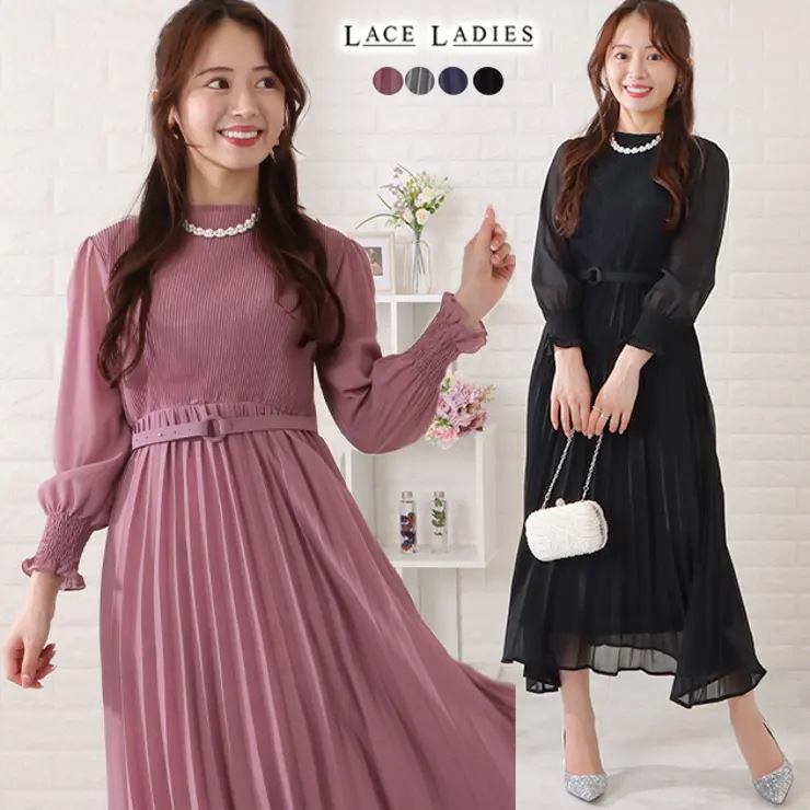 ベルト付きシフォンプリーツ長袖ワンピース 女性 レディース ワンピース パンツドレス ボリューム袖 シアー 透け感 春 夏 秋 冬 華やか フェミニン エレガント 上品 パーティー 結婚式 二次会 お
