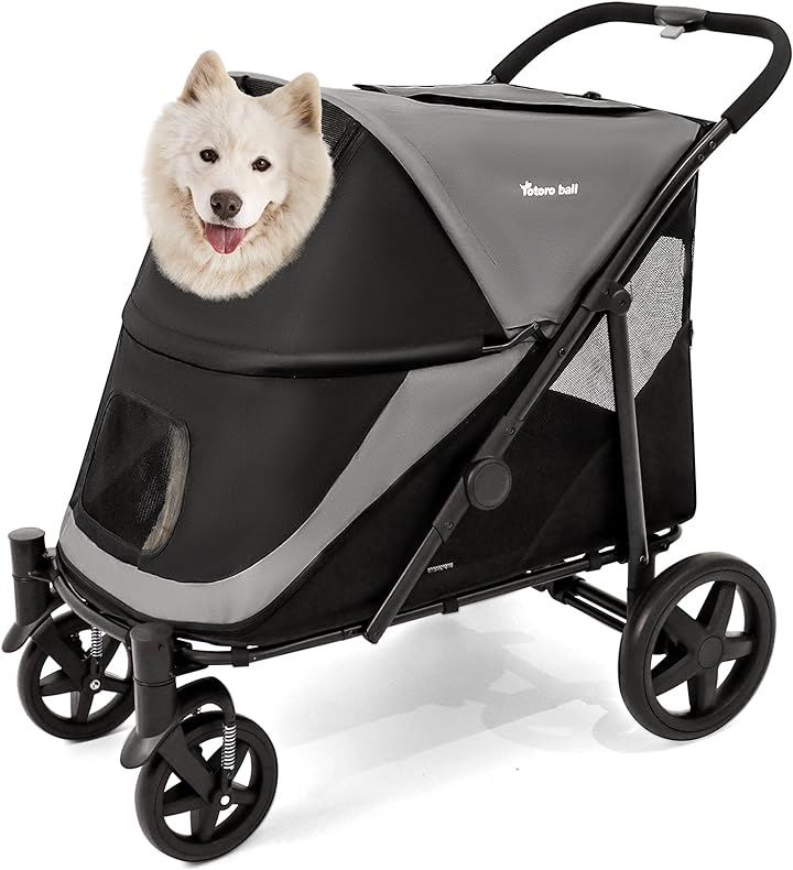 ペットカート 大型犬 用カート バギー 4輪 ワンタッチ折りたたみ式 軽量コンパクト 組み立て簡単 耐荷重55Kg(グレー+ブラック)