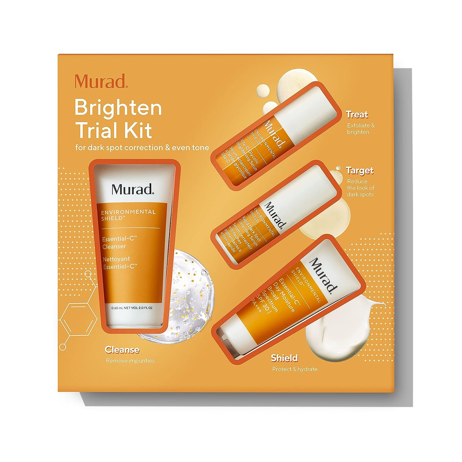 Murad Brighten Trial Kit 4ピースのトライアルサイズキット $94の価値 - ブライトニングスキンケアキット - Essential-C CleanserEssentia乳液・クリーム