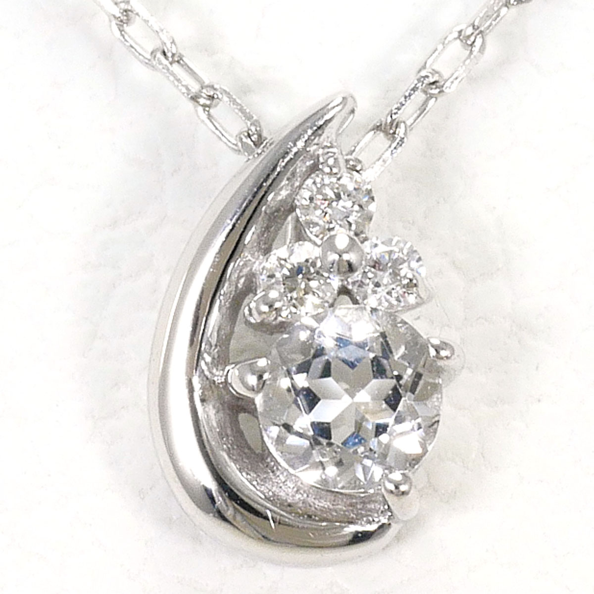 K10 10金 WG ホワイトゴールド ネックレス ホワイトトパーズ ダイヤモンド 0.01ct 総重量約0.8g 約40cm 中古