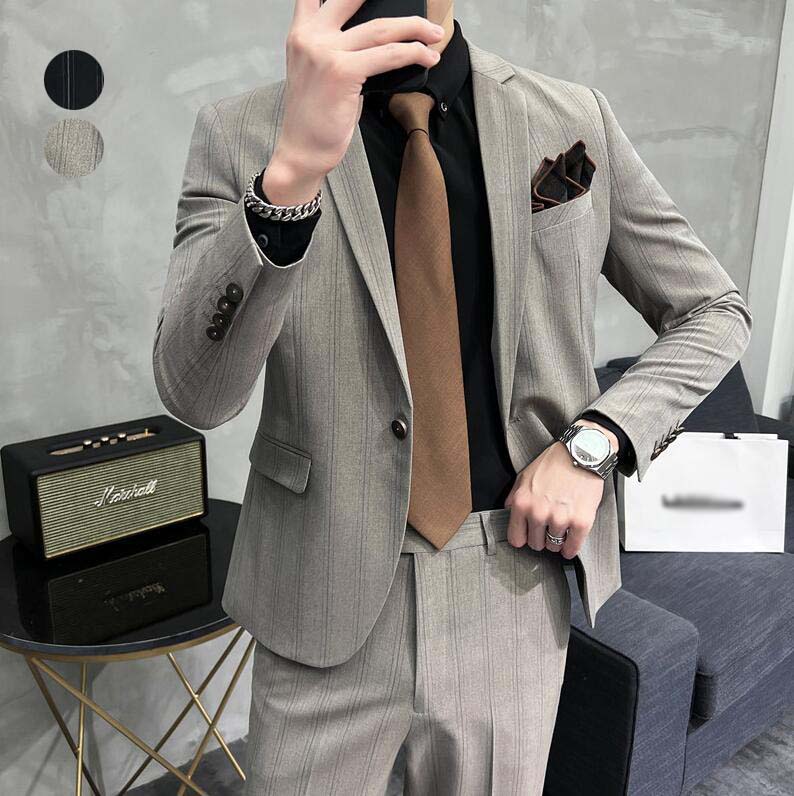 メンズスーツセットアップビジネススーツカジュアル通勤出張シンlグルスーツスーツメンズスリムスーツ高級感ストライプフォーマルスーツ2点セットジャケット+パンツ結婚式スーツパーティ二次会忘会披露宴司会舞台