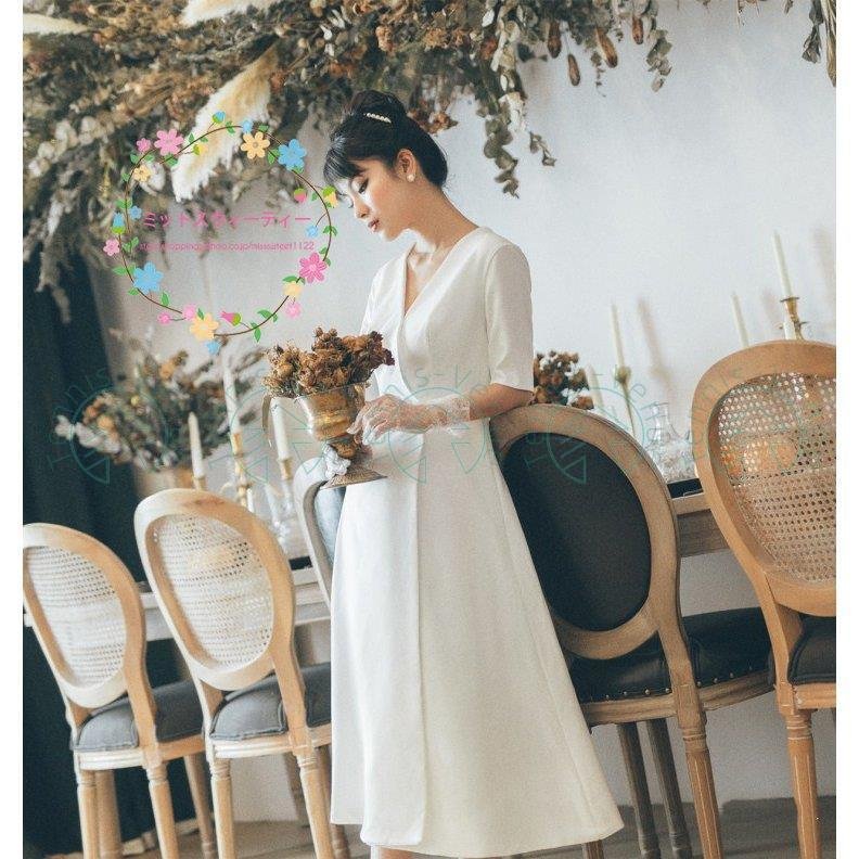 ウェデイングドレス 結婚式 二次会 旅行 前撮り ミモレ丈ドレス 花嫁 ドレス ウエディングドレス