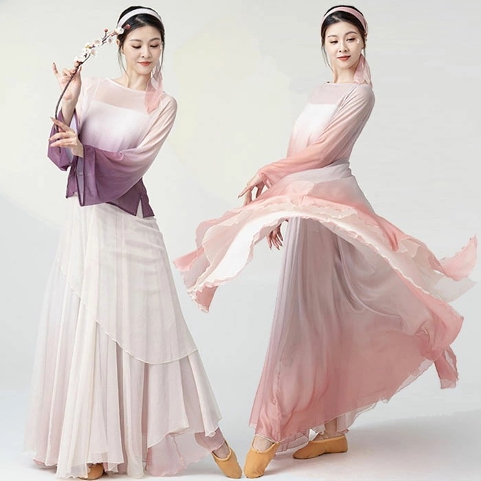 ダンス衣装 長袖 トップス ロング丈 シフォン 巻きスカート フレアスカート 美しい グラデーション ふんわり シフォン スカート ダンス レッスン着 レディース 大人 ダンス 発表会 ステージ 舞台