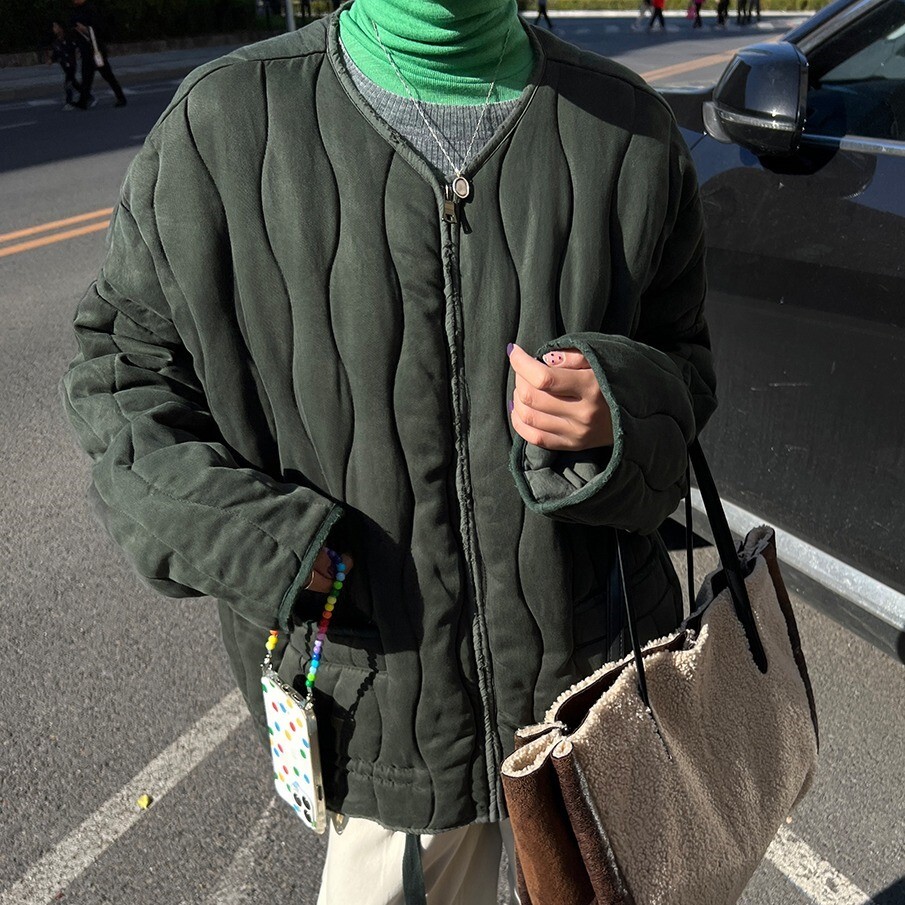 ブルゾン アウター 上着 レディース キルティングコート ノーカラーコート ミリタリージャケット 長袖 ドロップショルダー ラウンドネック ノーカラー ワイド ストレート オーバーサイズ ファスナー