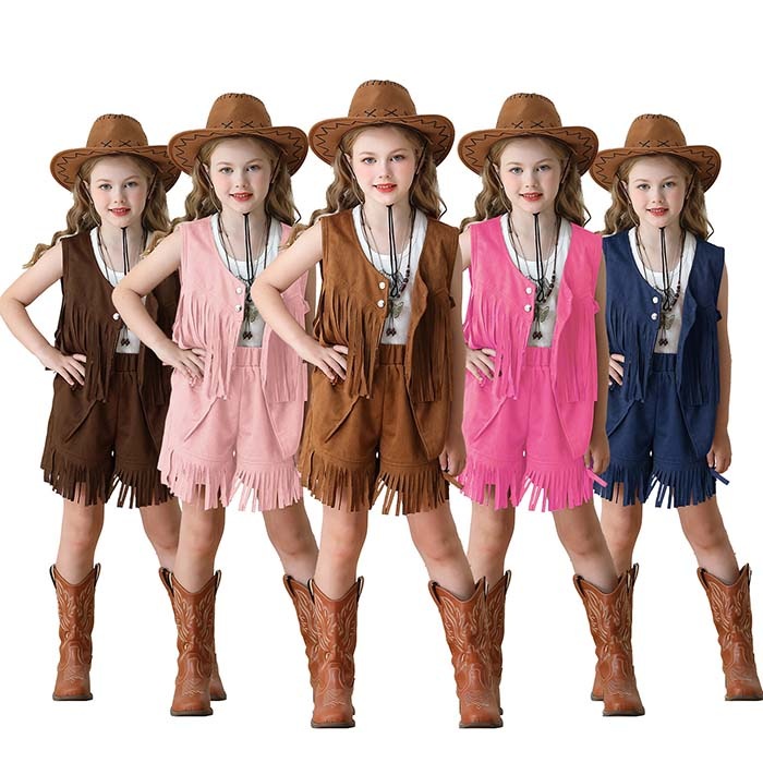 新アップグレード新品ハロウィン コスプレ衣装 カウガール ベスト 短パン 2点セット 子供用 仮装 女の子 キッズ カウボーイ 120 130 140 150 160