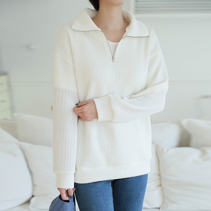 [韓国ファッション] 女性用 リブ 半ジップアップ ニット Tシャツ
