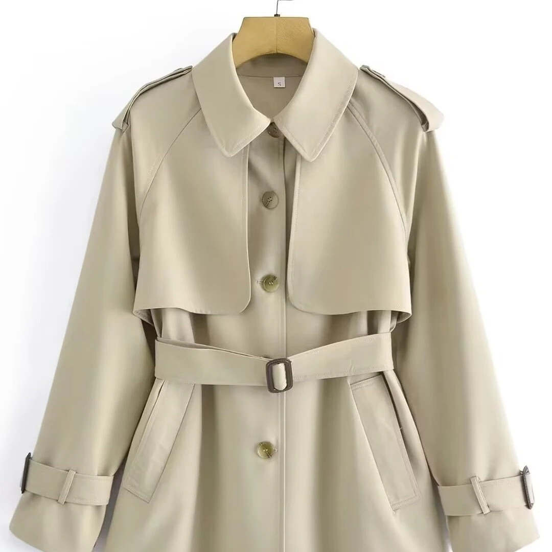 秋冬新しいファッションの襟のひも アウターベルト付き ロング ボタン ストレートギャザー ドロップショルダー ゆったりフィット ベルト付きウィンドブレーカー 5,397円