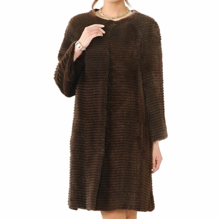 ミンクコートノーカラーテープ使いスヌード付きブラウン