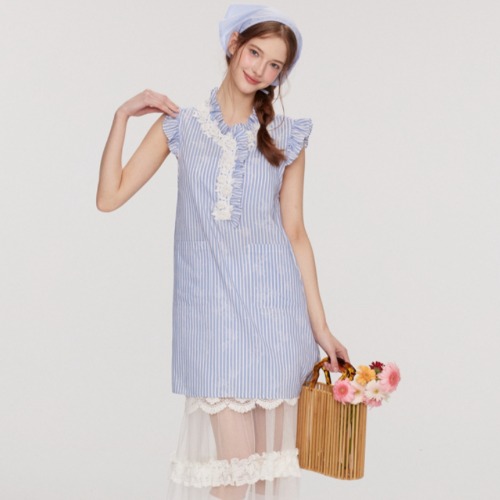 [2色]ラッフルネックレースキャップスリーブミニワンピース