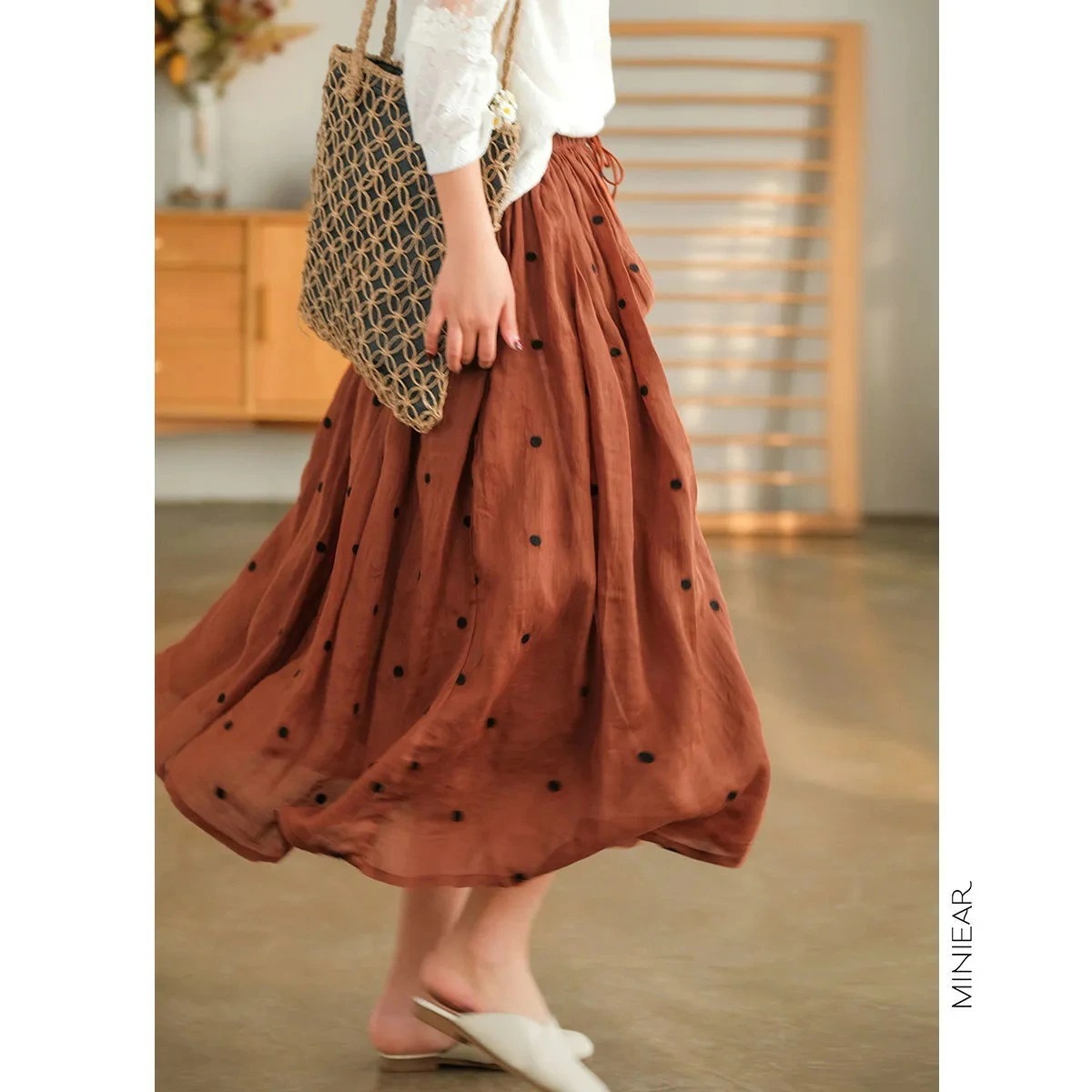 ミモレ丈 ふんわり 通勤 ヒップ 赤 ドット 春 大人 THOM スカート 隠し 可愛い オフィス ベージュ きれいめ フレア ウエストゴム ゴム ロング スカート コットン Aライン WILLS 夏
