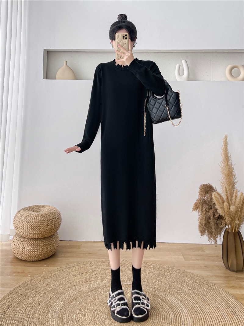 秋と冬のセータードレス女性緩い長袖インナー小さな底上げシャツ黒ニットドレス