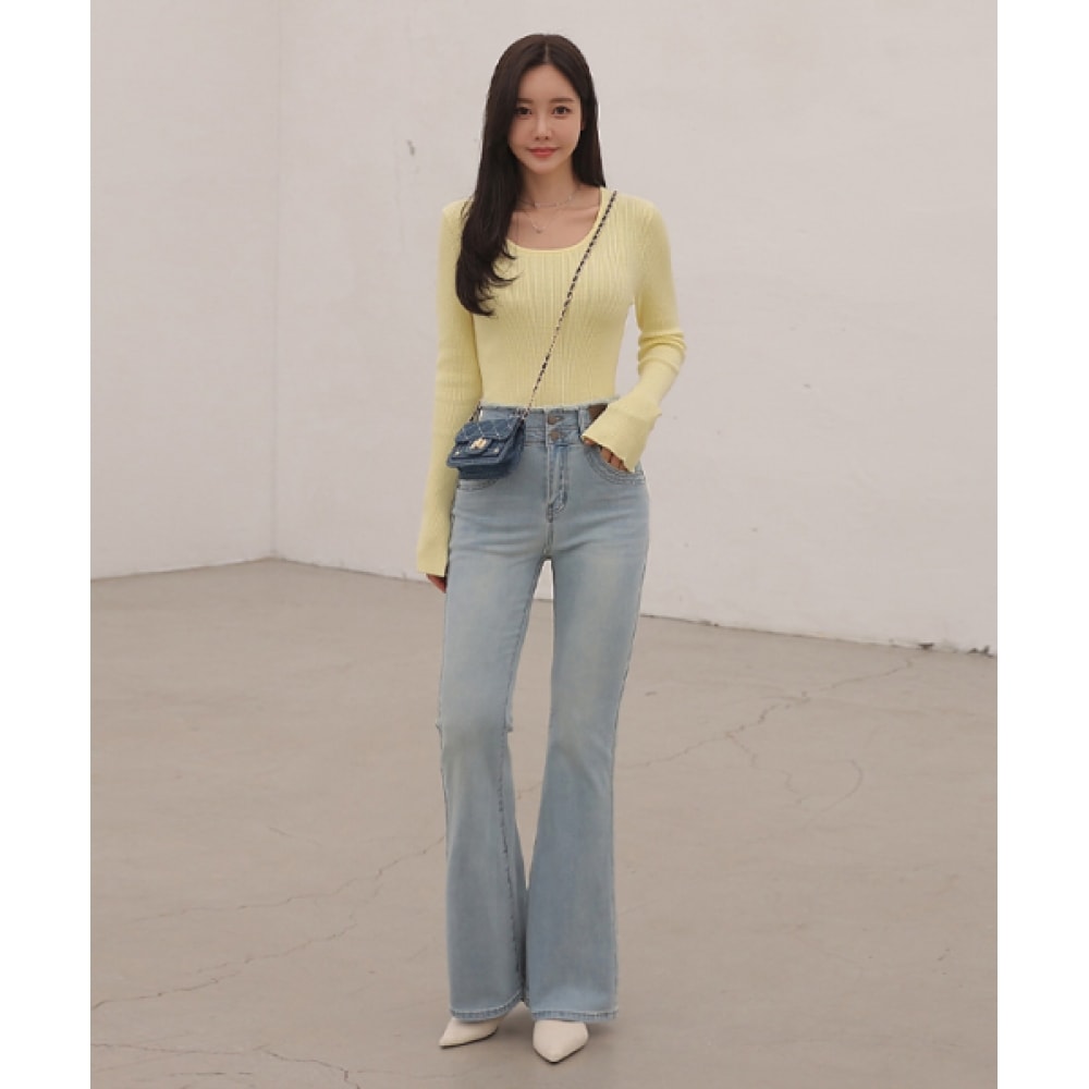 フレンチシックフリンジ付きツーボタンブーツカットデニムパンツ