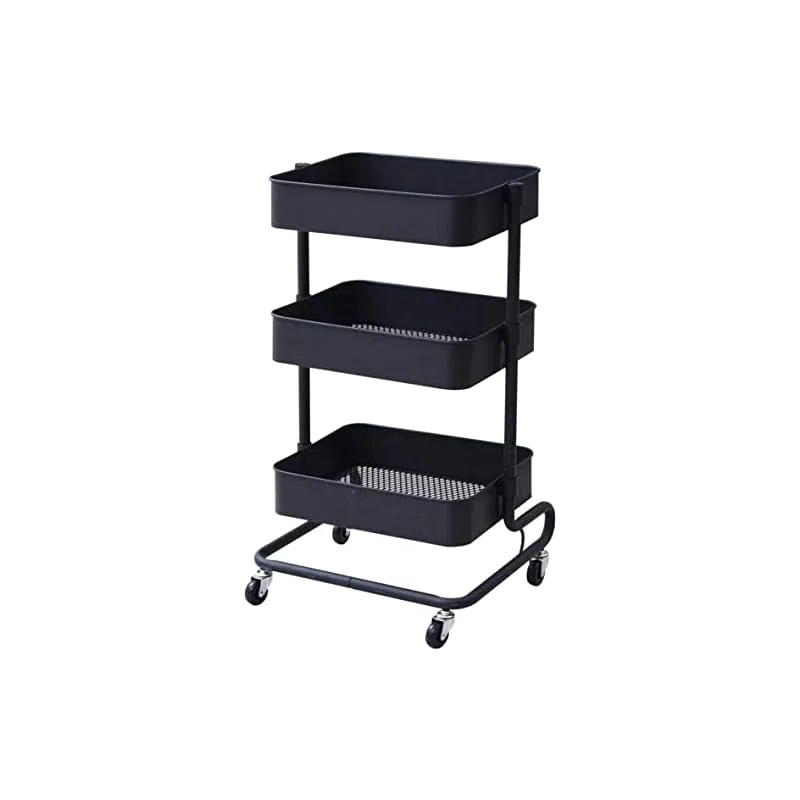 【即納】[山善] キッチンワゴン 高さ調節可能 全体耐荷重60k メッシュタイプ キャスター付き 幅46×奥行38×高さ81cmg バスケットトローリー 組立品 ブラック LBT-3(BK)