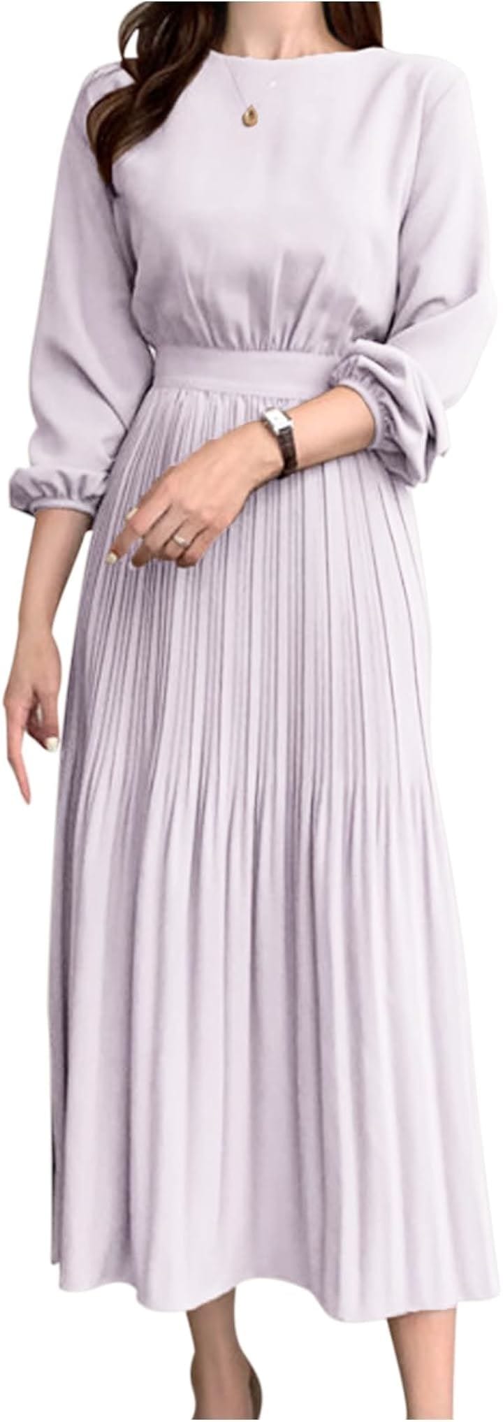 レディース ワンピース ドレス プリーツ クラシカル 長袖 パーティ 無地 ロング丈 大人 オフィス 春 秋 冬 NC405GYXL(グレー, XL)
